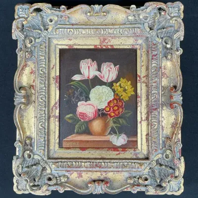 Sale Photo Thumbnail #87: GREENICE Signed Floral Still Life Painting in Ornate Gold & Gray Frame