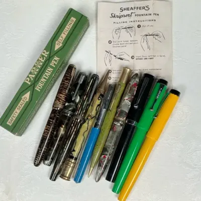 Sale Photo Thumbnail #120: Parker & Sheaffer Fountain Pen Lot – Lucky Curve Box, Skripsert Instructions & Assorted Writing Inst