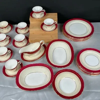 Sale Photo Thumbnail #44: Aynsley England Lynton Red & Gold Bone China Dinnerware Set – Cups, Saucers, Plates, Serving Pieces