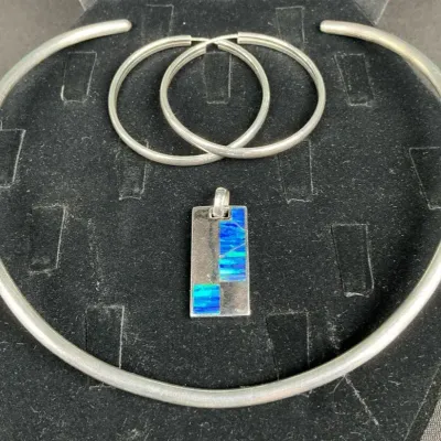 Sale Photo Thumbnail #93: HAVANA 925 Sterling Silver Blue Inlay Pendant, Collar Necklace & Hoop Earrings