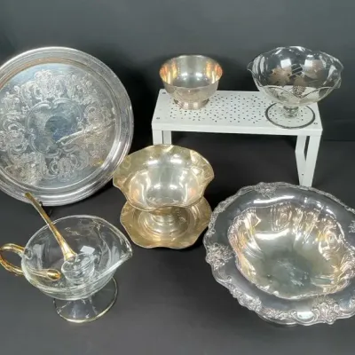 Sale Photo Thumbnail #53: Assorted Silverplate Serving Pieces, Ornate Tray, Bowls & Gold Accent Glassware