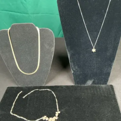Sale Photo Thumbnail #108: Sterling Silver Necklace Lot – 3 Chains with Floral & Stone Pendants – 23.25g