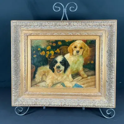 Sale Photo Thumbnail #86: R. Riggs Signed Framed Spaniel Dog Portrait Painting in Ornate Gold Frame