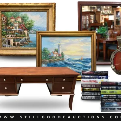 Quilts, antique books, Wedgwood, RC car, skates, Arthur Court, Department 56, Brighton, tapestry, Fostoria, sterling silver, artwork,...