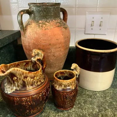Vintage Crock, Olive Oil Jar, Harker Rockingham Reproduction Pitcher