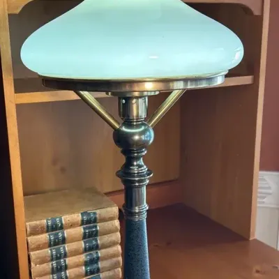 French-Style Brass and Dark Metal Lamp W/ Milk Glass Shade And Chimney 