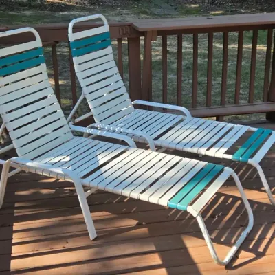 (2) Patio Chaise Lounges, Vinyl Strap, Teal & White