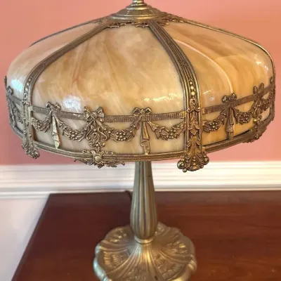 Vintage Art Nouveau Domed Shade Slag Glass Style Table Lamp