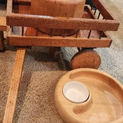Vintage Wooden Home Décor & Serving Lot – Wood Cart, Bowls & Serving Tray