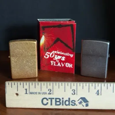 Vintage Zippo Lighters Pair – Brass & Matte Pewter/Satin Chrome with Marlboro Box