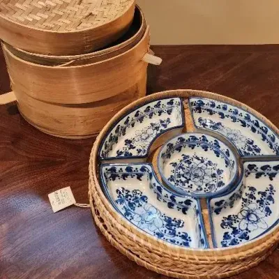 Blue & White Porcelain Appetizer Serving Set with Woven Basket & Bamboo Steamer