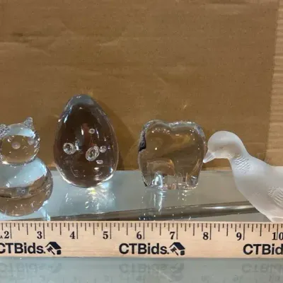 Figurine Lot - Cat, Frosted Bird, Control Bubble Egg, & Solid Glass Tooth