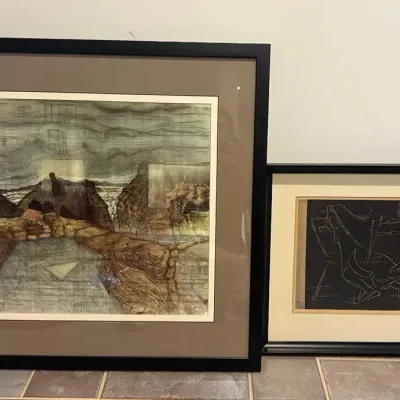 Framed Art Lot – "Toro!" Linocut Print & Mixed Media Landscape