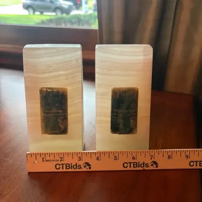 Carved Onyx & Marble Mexican Aztec Tiki Face Bookends Pair