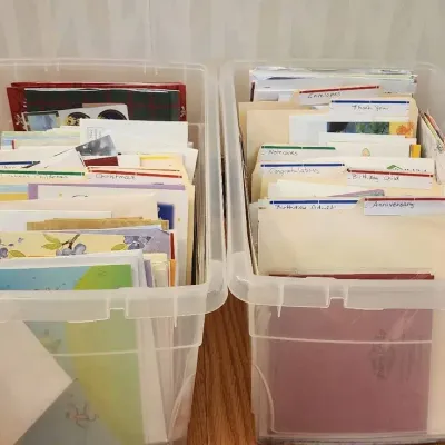 Large Assortment of Greeting Cards, Note Cards & Envelopes with Storage Bin