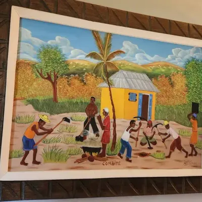 Vintage Haitian Folk Art Painting – “Combite” Rural Village Scene – Framed