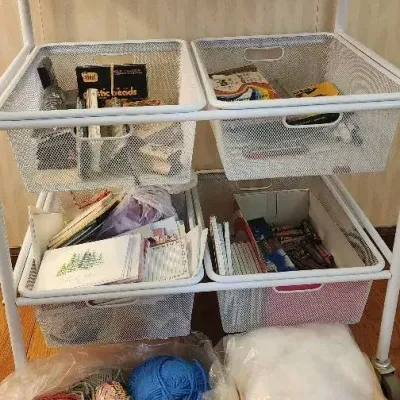 White Metal Mesh Rolling Storage Cart with 8 Baskets + Arts & Crafts Supplies
