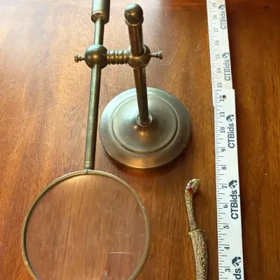 Brass Desk Magnifying Glass Stand & Ottoman Dagger Letter Opener Set