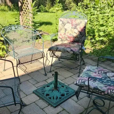 Outdoor Patio Set – Metal Table, Chair, Umbrella & Cushions