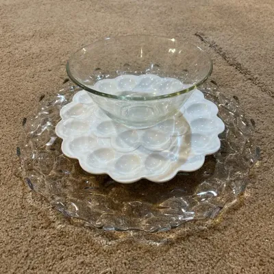 Clear Glass Hobnail & White Ceramic Deviled Egg Platter Set with Dip Bowl