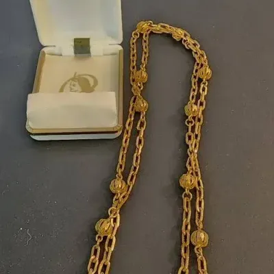 Vintage 18K Yellow Gold 19" Chain Necklace – Textured Links & Filigree Beads