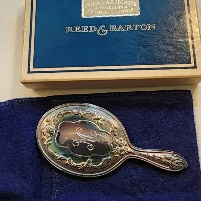 Vintage Reed & Barton Silverplate Hand Mirror – Floral Design – Monogram – Original Box & Pouch