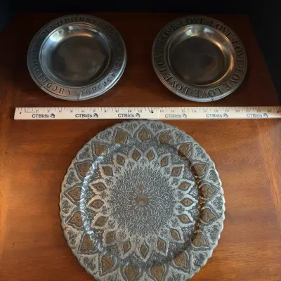 Metal Decorative Plates Set - Pewter Alphabet/Love Bowls & Etched Brass Tray