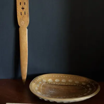 Vintage Hand-Carved Wood Folk Art Letter Opener & Oval Trinket Dish Set
