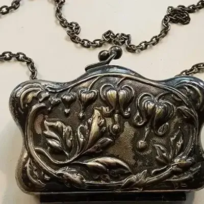 Antique Sterling Silver Floral Coin Purse with Chain – Purple Fabric Interior