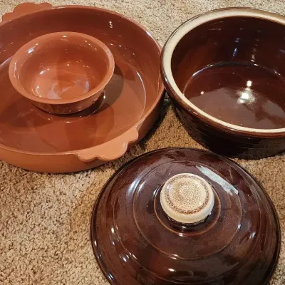 Vintage Stoneware Pottery Serving Set – Bowls, Covered Dish & Dip Bowl