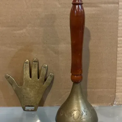 Vintage Brass Lot: Hand-Shaped Bottle Opener & Engraved Brass Hand Bell