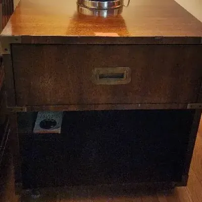Henredon Campaign Style Tall Dresser & Nightstand – Wood & Brass Hardware