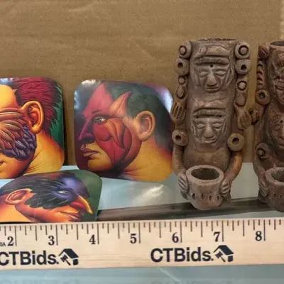 Terracotta Mayan / Aztec Style Clay Flutes & Surrealist Coasters Set