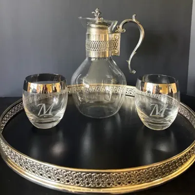 Vintage Monogrammed Glassware Set – Decanter, 2 Glasses & Gallery Tray