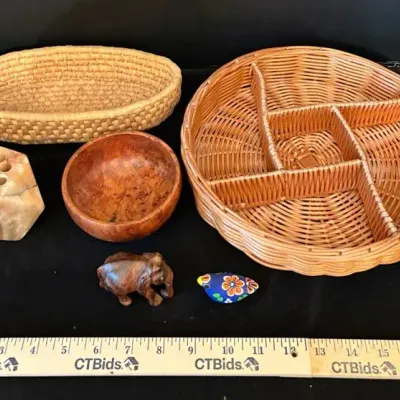 Vintage Woven Baskets & Table Decor Lot – Onyx Pen Stand, Wooden Elephant & Bowls