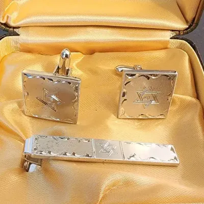 Vintage La Mode Sterling Silver Cufflinks & Tie Clip Set – Star of David – Original Box
