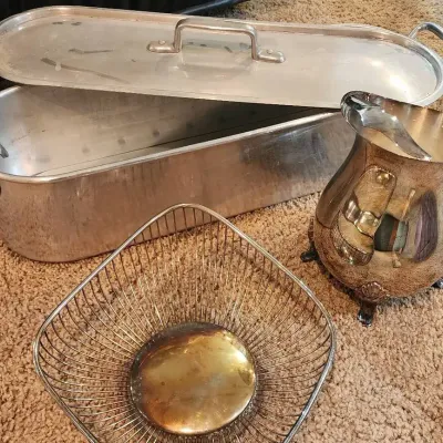 Vintage Silver-Tone Serving Pieces – Pitcher, Roasting Pan & Basket