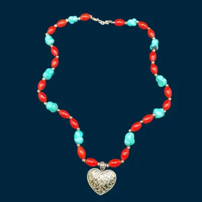 Vintage Lenox Sterling Silver Heart With Turquoise And Red Coral Necklace 