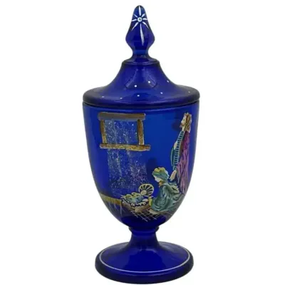 Cobalt Blue Fenton Candy Dish Hand Painted & Signed (10” Tall) With Box