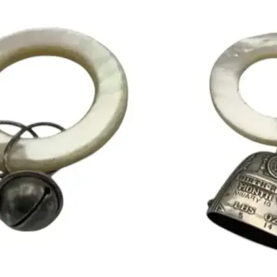 Pair Of Mother Of Pearl And Sterling Silver Teething Ring/Rattle Circa 1939