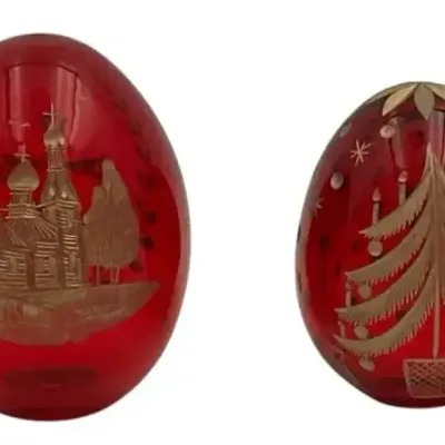 2 Russian Red Glass Egg Paperweights