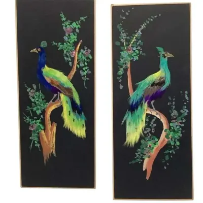Pair Of Peacock Pictures Featuring Paint And Feathers 4"x9.5"