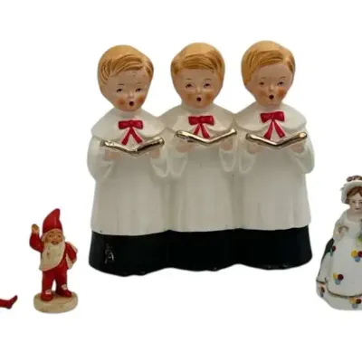 Vintage Christmas Musical Choir Boys , 2 Santas, 1 Porcelain Woman Figure 