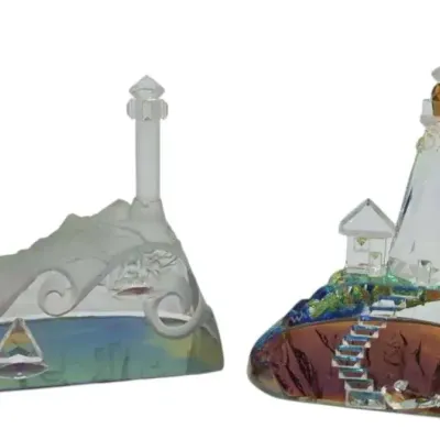 2 Vintage Crystal World Lighthouse Figurines 