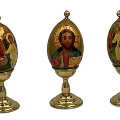 3 Russian Painted Eggs With Brass Stands