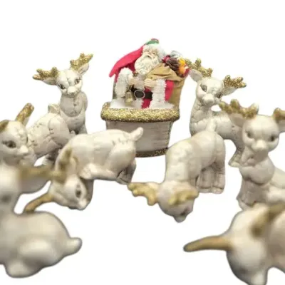 Retro Vintage Gold Glitter Santa, Sleigh & 8 Reindeer 