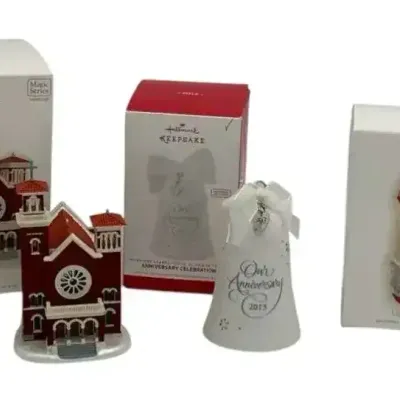3 Hallmark Ornaments 50th Anniv, Lighted Brick Church & Lighthouse With Original Boxes