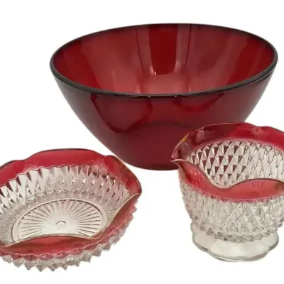 Large Ruby Glass Bowl With Two Ruby Stained Rim Diamond Cut Bowls