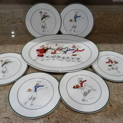 "Skating Chefs" By Guy Buffet Serving Tray & Plates