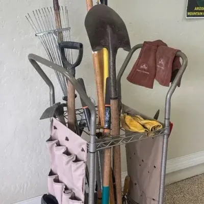 Yard Tools in Portable Storage Rack